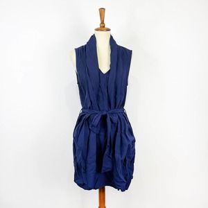 Rachel Roy navy blue gathered dress flattering waist tie pockets size 12